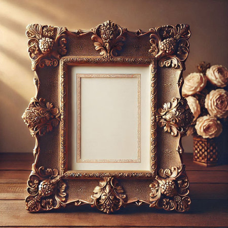 Vintage photo frame on wooden background. Mockup for design.