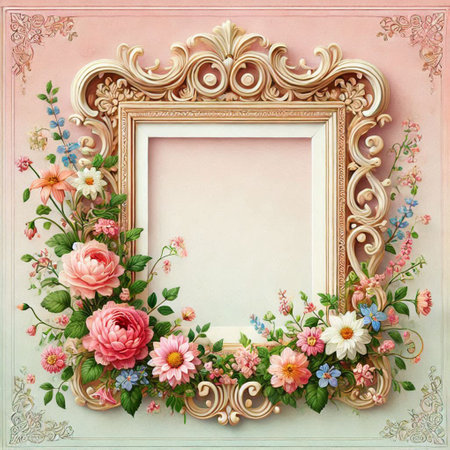 Vintage frame with flowers and leaves on a pink background. Copy space.