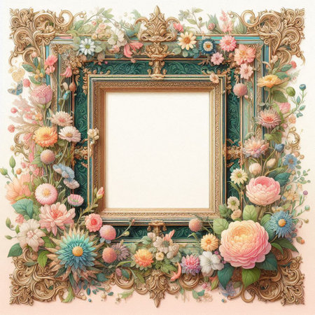 Vintage frame with flowers and leaves on white background. Copy space.の写真素材