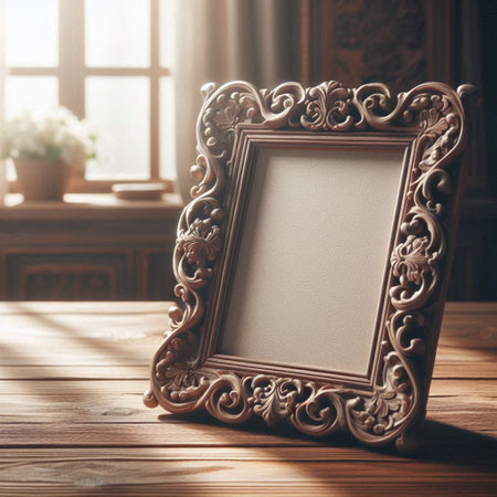Vintage photo frame on a wooden table with a window in the backgroundの写真素材