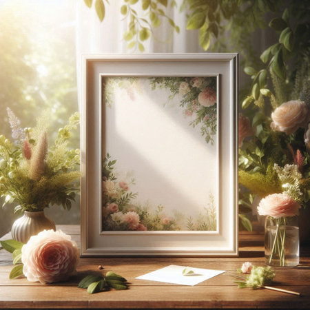 Blank frame mockup with flowers in vase on wooden table