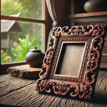 Vintage photo frame on old wooden table with window background. Selective focus.の写真素材