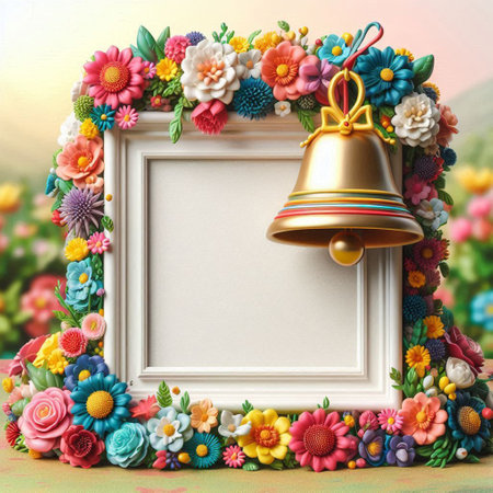 Blank photo frame with colorful flowers and bell on wooden background.の写真素材