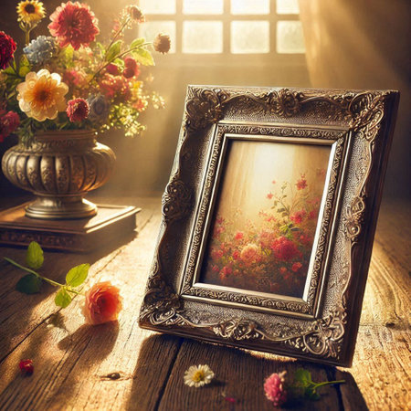 Vintage photo frame with flowers on wooden table. filtered image.の写真素材