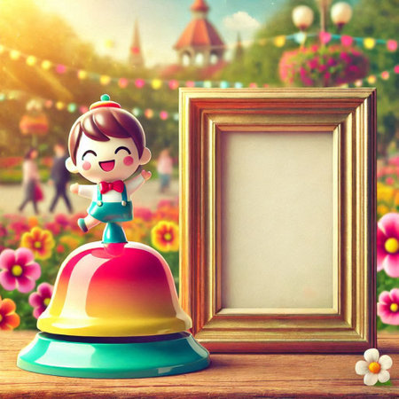 boy with bell and blank frame on wooden table in front of flower backgroundの写真素材