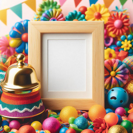 Colorful Easter decoration with blank photo frame and easter eggs.の写真素材