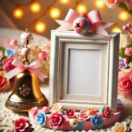 Vintage photo frame with bell and flowers on bokeh backgroundの写真素材