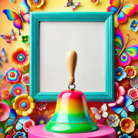 Photo frame with a bell on a background of colorful flowers and butterfliesの写真素材