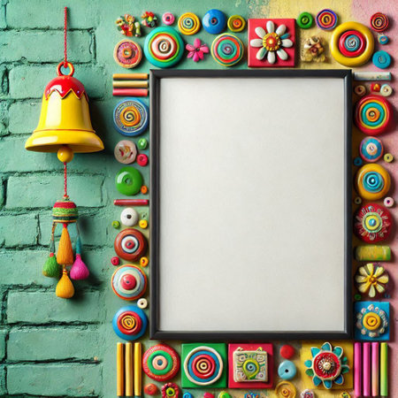 Mock up frame with colorful wooden toys on a green brick wall
