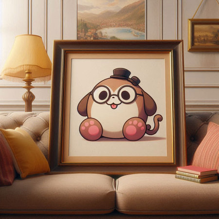 3D render of a cute dog in a frame on the sofaの写真素材