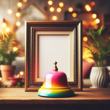 Retro photo frame with bell on wooden table in living room.の写真素材