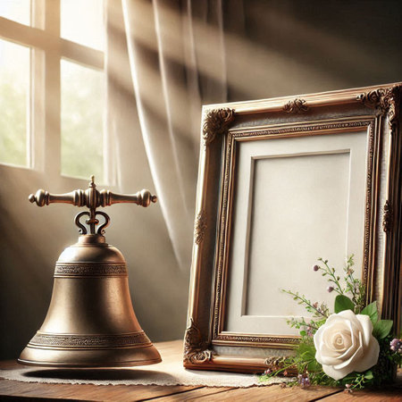 Vintage photo frame and old brass bell on wooden table near windowの写真素材