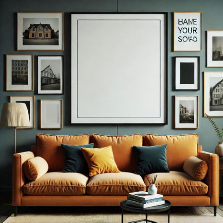 Mock up poster frame in living room interior, 3d renderの写真素材