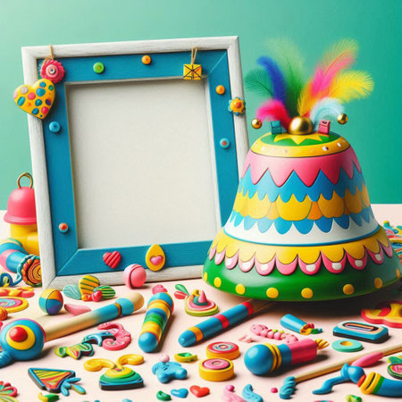 Colorful photo frame with candies and carnival hat on table