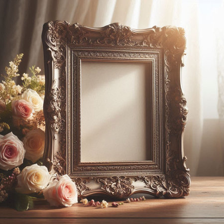 Vintage photo frame and flowers on wooden table. Photo in old color image style.