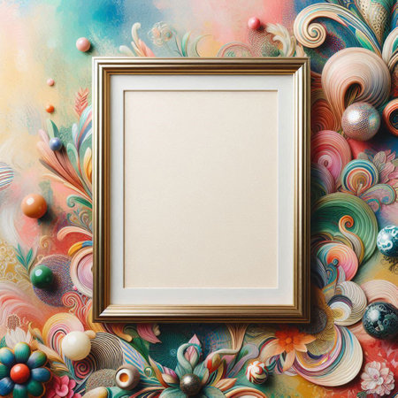 Picture frame on abstract colorful background with pearls. 3D renderingの写真素材