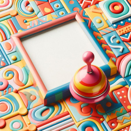 Mockup of photo frame on colorful toy background. 3d illustration