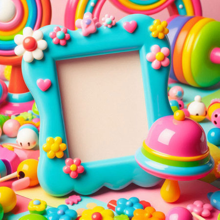Colorful children's toys on a pink background. Photo frame.の写真素材