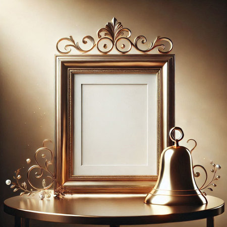 Golden picture frame with golden bell on the table. 3d renderingの写真素材