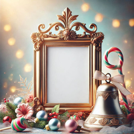 Christmas greeting card with golden frame, candy canes and bell. Copy space.