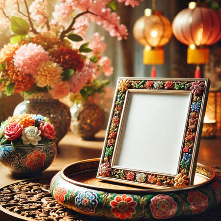 Vintage photo frame on the table with flowers and lanterns.