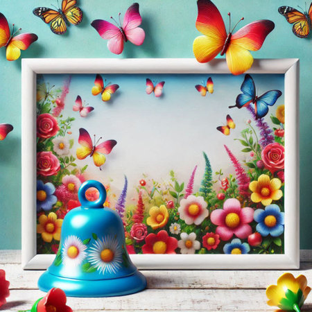 Photo frame with colorful flowers and butterfly. Vintage style.