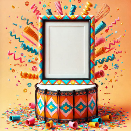 Vintage photo frame with ethnic drum and confetti on orange background