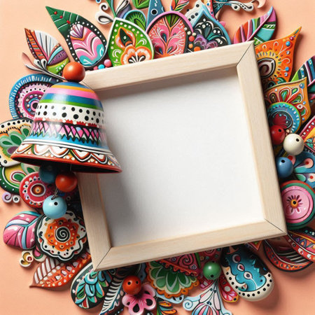 Wooden frame on colorful background. Top view with copy space.の写真素材