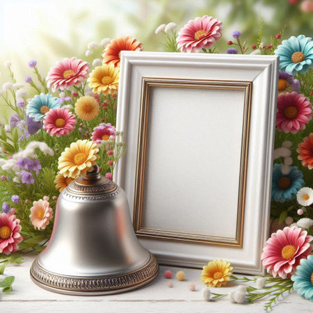 Vintage photo frame with colorful flowers and bell on wooden background.の写真素材