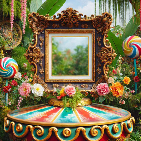 Beautiful vintage photo frame with colorful candies in the garden.