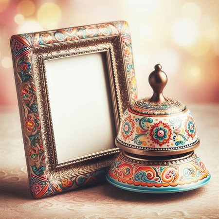 Vintage photo frame and porcelain bowl on bokeh backgroundの写真素材