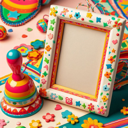 Mexican party decoration with blank photo frame and maracas on colorful background