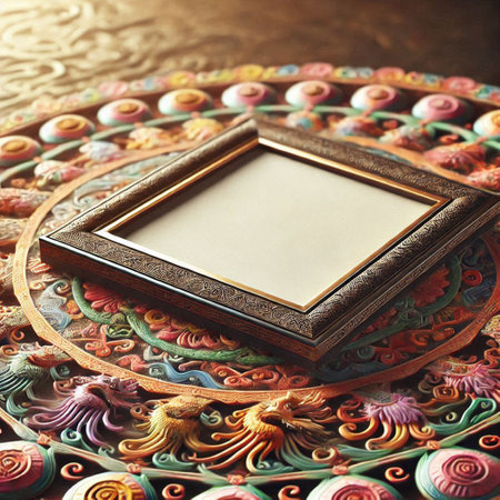 Wooden picture frame on a background of colorful patterns and ornamentsの写真素材