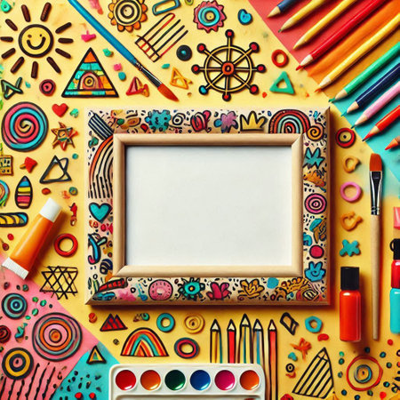 Top view of frame with multicolored stationery on yellow background
