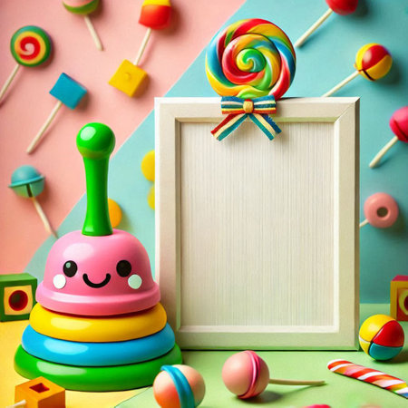 Colorful candies, lollipops and white frame on colorful background