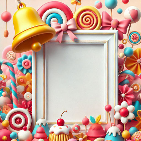 Happy birthday frame with sweets and candies. 3d illustration.