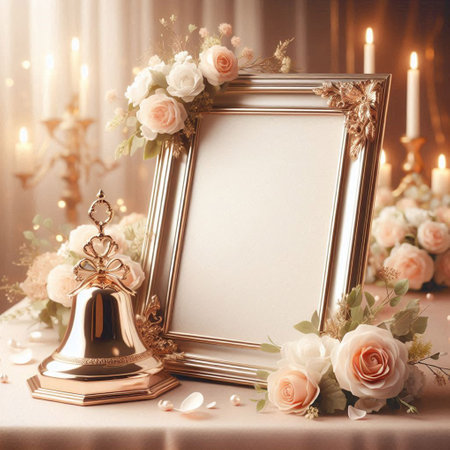Vintage photo frame and golden bell on the table with flowers and candles.