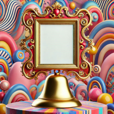 3d render of golden frame with bell on abstract colorful background.