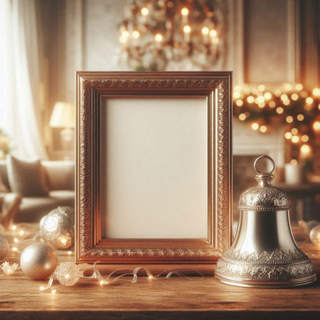 Vintage photo frame mockup with christmas decorations on background. 3d renderingの写真素材