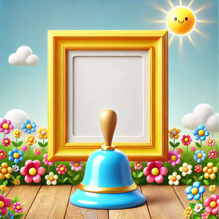 Image of a picture frame with a bell and flowers in the background