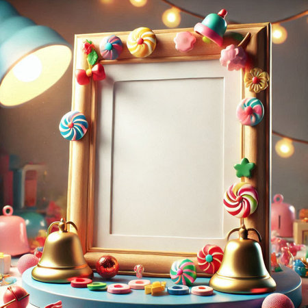 Mock up frame with candies, lollipops and bells in children's roomの写真素材