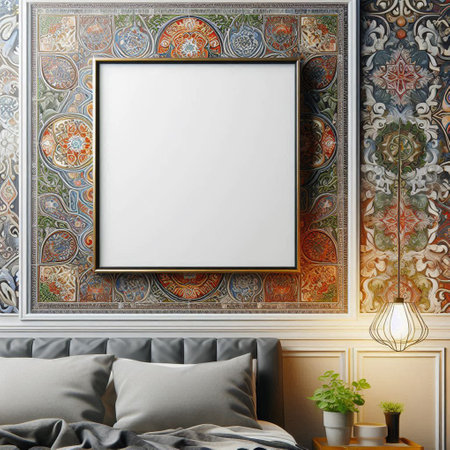 Mock up poster frame in classic bedroom interior background. 3d render