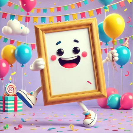 3d illustration of a cute cartoon character with blank frame and balloonsの写真素材