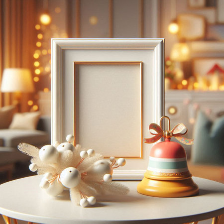 Mockup blank photo frame with Christmas decorations. 3d rendering