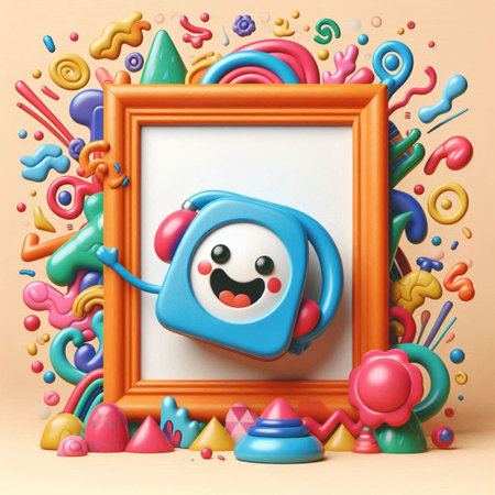 3d illustration of a cute cartoon character in a frame with colorful toysの写真素材