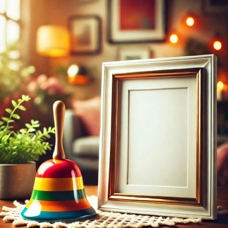 photo frame and christmas decoration on the table in the living roomの写真素材