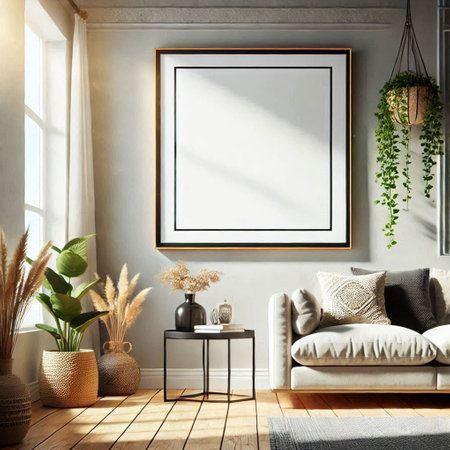 Mock up poster frame in interior background, Scandinavian style, 3D renderの写真素材