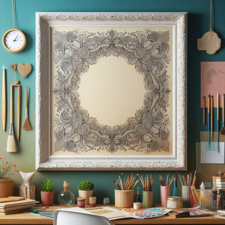 Interior of modern artist's studio with painting tools and decorations. 3d renderの写真素材