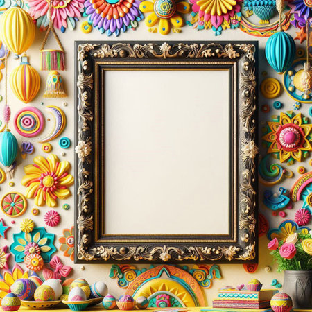 Vintage frame with easter eggs and flowers on the white backgroundの写真素材