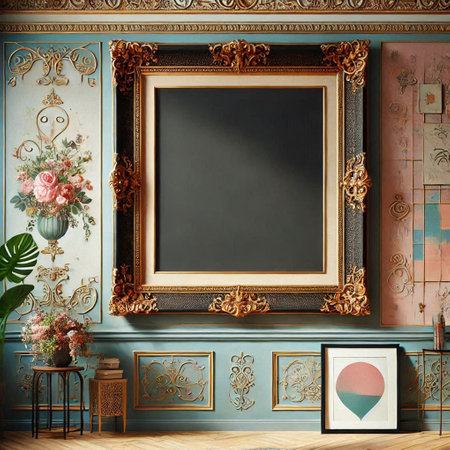 Classic interior with empty frame on wall. Mock up, 3D render
